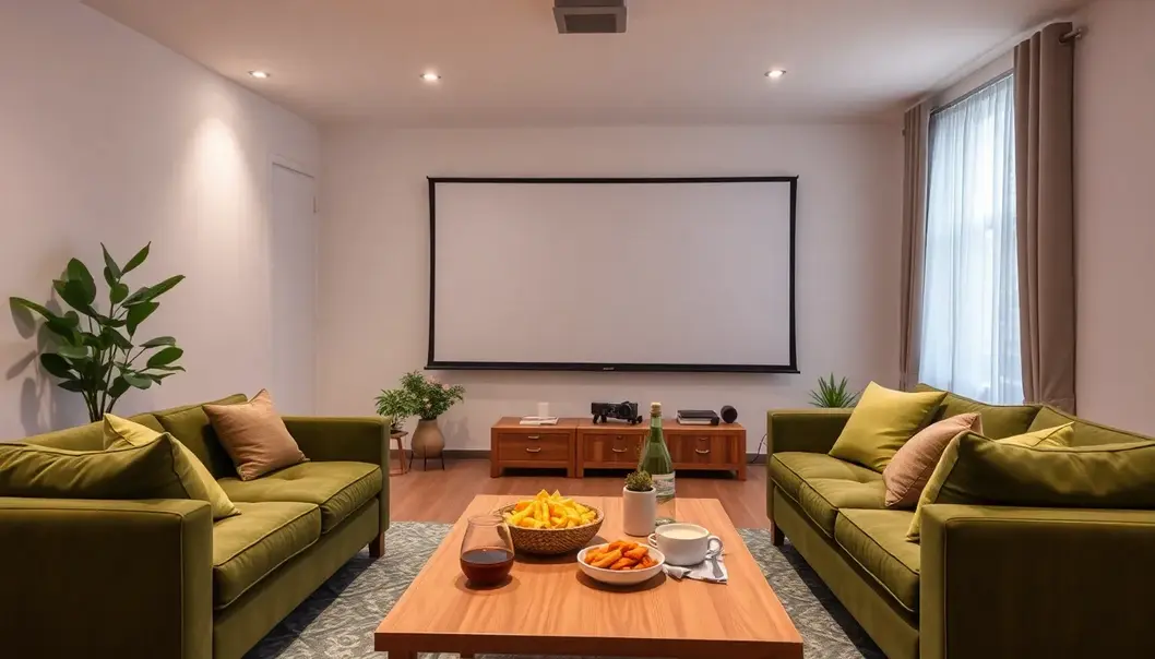 A living room styled for a sustainable movie night with a projector, eco-friendly furniture, and snacks.