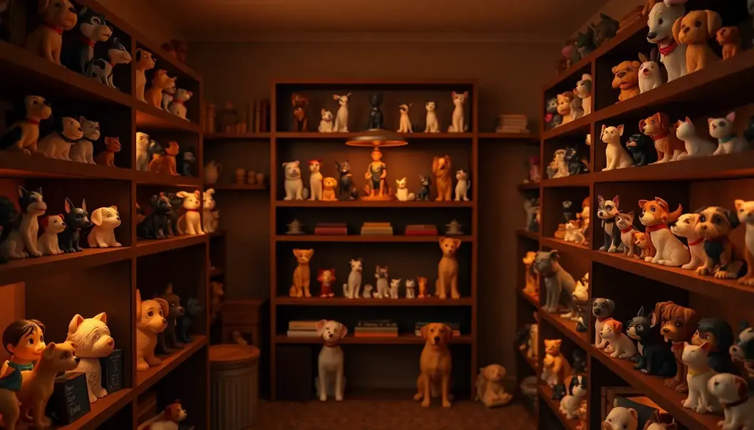 An inviting room loaded with various character figures on shelves, illuminated by a warm glow.