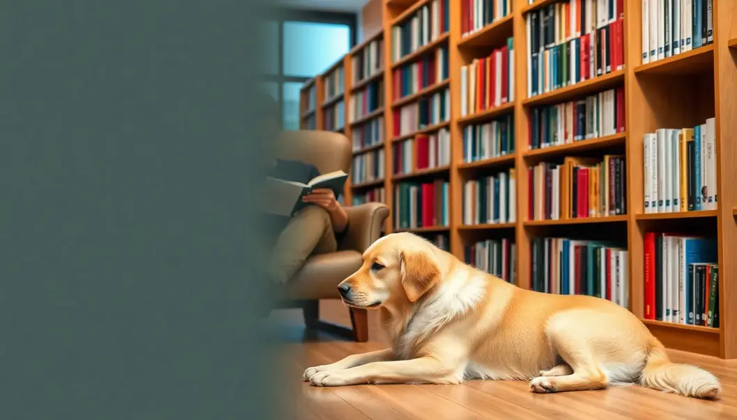 A library with stocked bookshelves and a golden retriever beside a reader.