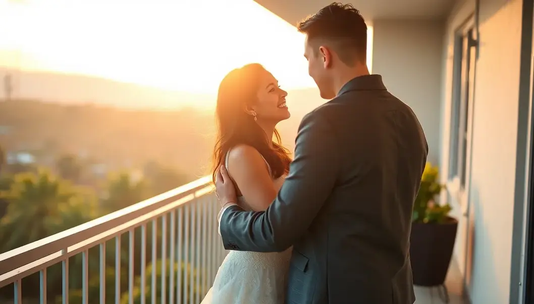 A newlywed couple embracing on a balcony, showcasing warmth and togetherness.