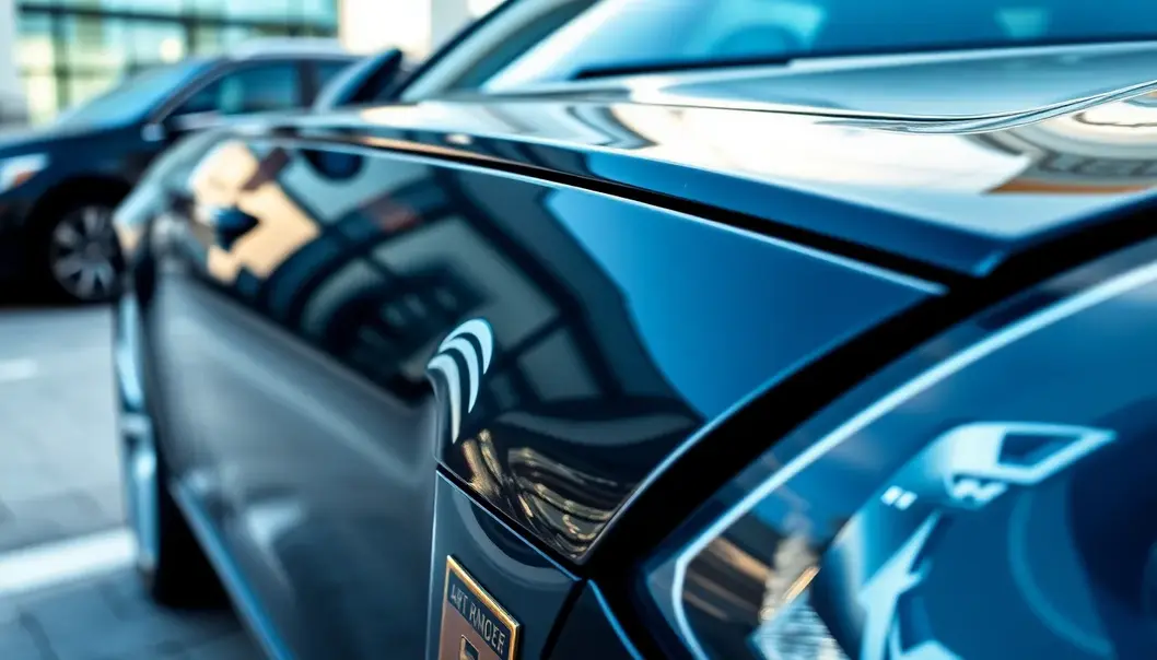 A highly polished car with the cityscape reflected on its surface, symbolizing care and professionalism.