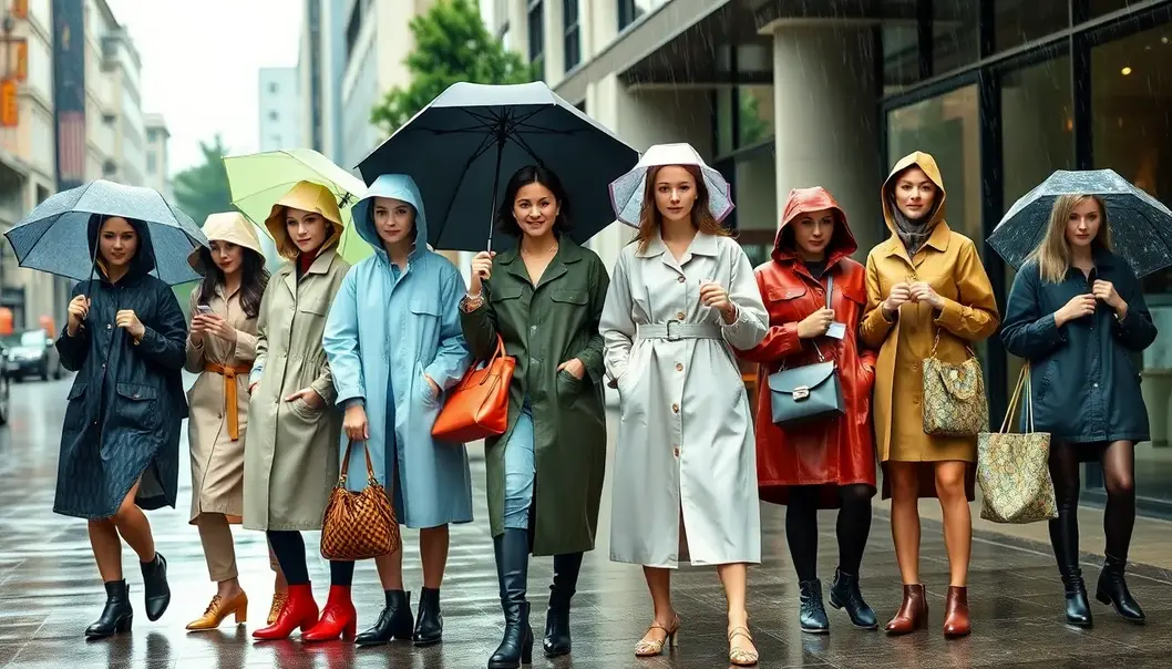 Models in stylish rain outfits under umbrellas, all made from eco-friendly materials, in a rainy cityscape.