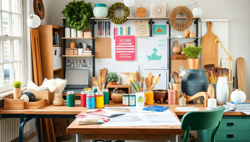 A workspace with DIY tools, paint cans, brushes, and colorful craft items arranged on a table.